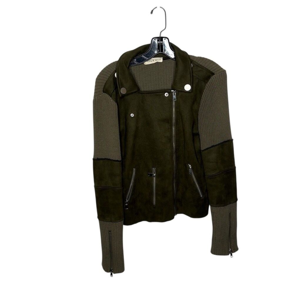 Ruby and Jenna Green Moto Sweater Cropped Jacket Size Medium Silver Snap Pockets